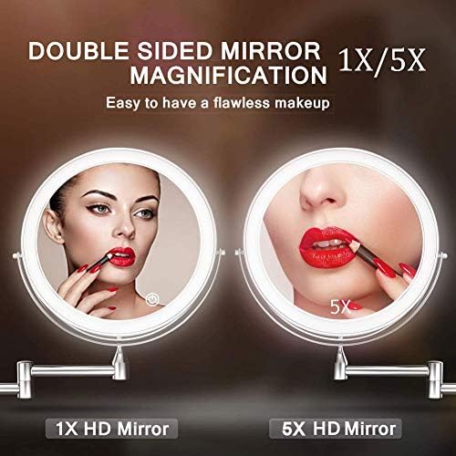 8'' Bathroom Mirrors Wall Mounted Makeup Mirror, Upgrade Auto Off LED Shaving Mirror 1X/5X Magnifying Double Sided 360° Swivel Extendable, Powered by 4 x AAA Batteries Black