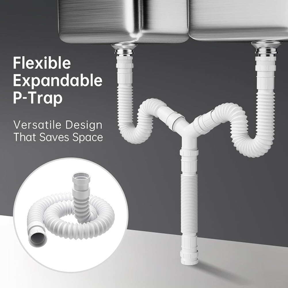 Besttoolifes Kit di scarico doppio per lavello, regolabile, 20-80 cm, flessibile, con adattatori G1-1/2 e G1-1/4, costruzione in PE per lavelli da bagno e cucina