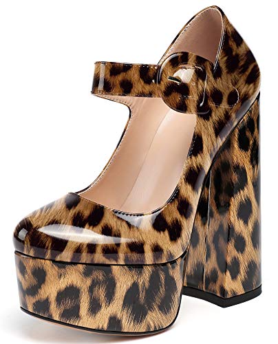 Eldof Women's Platform Mary Jane Pumps with 6" Chunky Heel, Round Almond Toe High Heels, Sexy Party Dress Shoes2