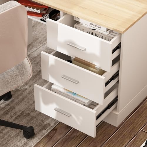 Hitow 63\" W Height Adjustable Standing Desk with Drawers & Cabinet, Electric Stand up Desk with Storage, L Shaped Home Office Table Corner Computer Workstation, White & Oak (28.4\"-45.8\" H)