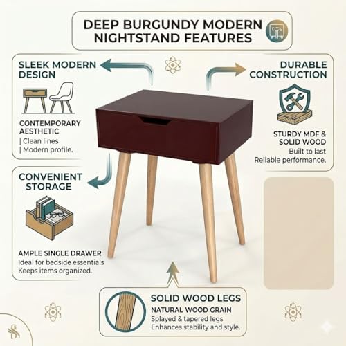 Image of Modern White Bedside Table with 1 Drawers & Wooden Legs | Compact Nightstand for Bedroom | Scandinavian Style Side Table with Storage for Home Living Room (Brown, 1 Drawer)