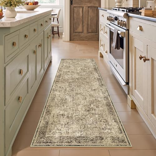 2x6 Runner Rug Washable Vintage Neutral Indoor Hallway Carpet Non Slip Brown Bedroom Low Pile Kitchen Distressed Long Retro Accent Throw Rug for Bathroom Dining Laundry Living Room