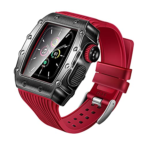 Metal Case for Apple Watch 6 Band 44mm Protective Rugged Bumper Cover with Tempered Glass Screen Protector Silicone Strap for iWatch Series 5 4 Accessories Mens Heavy Duty Shockproof Case Film (Red)