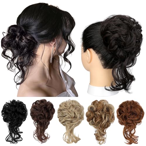 Messy Bun Hair Piece Tousled Updo Hair Extension with Elastic Rubber Band Synthetic Curly Wavy Hair Bun Scrunchie for Women Girls, Dark Brown 1.2oz