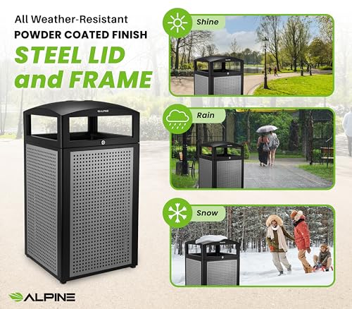 Image of Alpine 40-Gallon Outdoor Commercial Trash Can with Ashtray & Locking Lid - Heavy-Duty Cigarette Disposal Bin with Removable Liner for Parks, Hotels & High-Traffic Outdoor Areas - Black & Grey