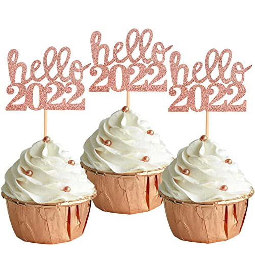 30pcs Rose Gold Glitter Hello 2022 Cupcake Toppers Number Food Picks 2022 New Year Graduation Birthday Party Supplies Decorations (Rose Gold)