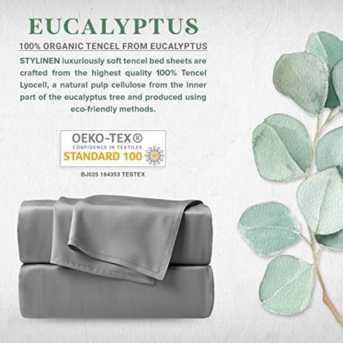 100% Organic Eucalyptus Bed Sheets King Size 4 Piece Set, Tencel Lyocell, Silky Soft & Smooth, Breathable, 16 Inch Deep Pockets, 1 Fitted, 1 Flat, 2 Pillowcases (King, Stone Grey)