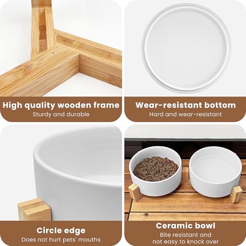 Dog Bowls for Small Dogs, Cat Dishes for Indoor Cats, Raised Tilted Ceramic Set of 2 with Bamboo Stand and Non Slip Silicone Mat - Elevated for Food and Water, Neck Care Feeding Bowl 650ml - Image 6