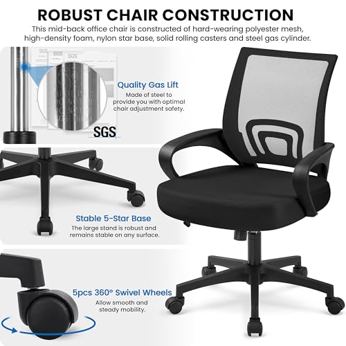 Yaheetech Bürostuhl Ergonomisch, Schreibtischstuhl mit Netzbespannung und Armlehnen, Drehstuhl aus Mesh, Chefsessel Wippfunktion, Höhenverstellbar Rückenschonend bis 136kg Belastbar, Schwarz