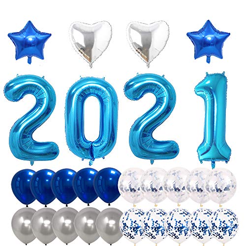 40 Zoll 2021 Blau Folie Zahlen Ballons Set, 2021 Silvester Festival Party Supplies Graduation Dekorationen Latex Ballons Stern Ballons Konfetti Ballons (Blau) Cover