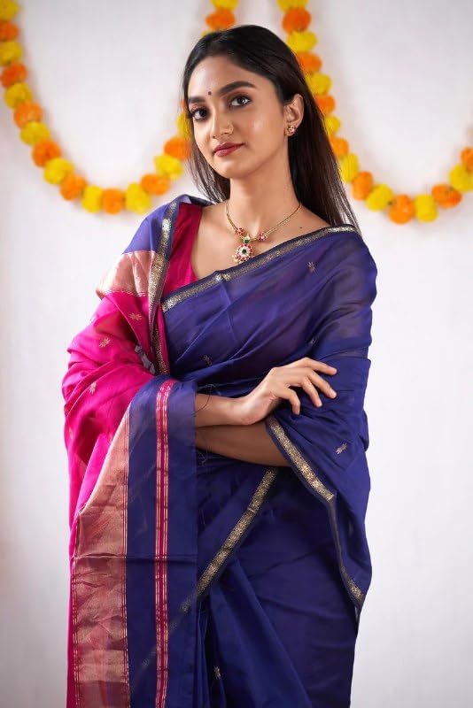 Image of Flosive Banarasi Look Chanderi Silk Saree for Women | Blue-Pink Contrast Designer Saree | Ethnic Drape with Golden Zari Work and Small Buttis