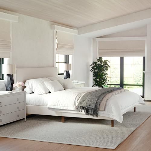 Image of Martha Stewart Britta Platform Bed with Headboard & Footboard, Faux Linen Upholstery with Piping Detail, Rounded Headboard, No Box Spring Needed, King, Beige