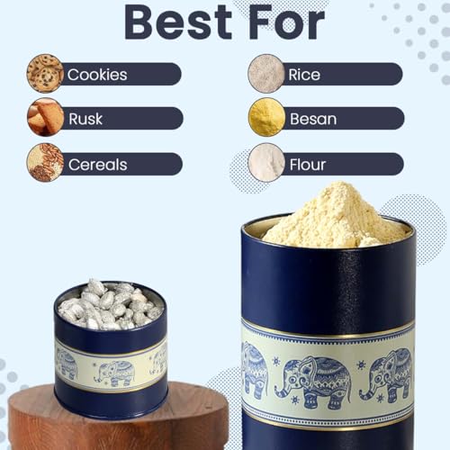 Image of Mandala Collection Airtight Kitchen Container Set| 450ML+1100ML- Set of 4| Food Grade Metal Jars for Spices, Cookies & Dry Food | Vacuum Lid, Rust Resistant| Blue Elephant Canisters
