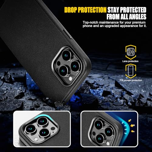 Image of Genuine Leather Case for iPhone 14 Pro Compatible with Magsafe Black | Non-Slip Pebbled Genuine Leather, Slim Fit, Super Magnetic, Compatible with Wireless Charging, Metal Buttons, Camera Bezel