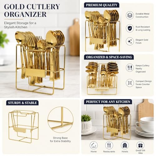 Image of 25 Piece Gold Cutlery Set for Kitchen & Dining Luxury Stainless Steel Golden Flatware Set with Stand (6 Dessert Spoons, 6 Dessert Forks, 6 Tea Spoons, 6 Soup Spoons, 1 Storage Stand)