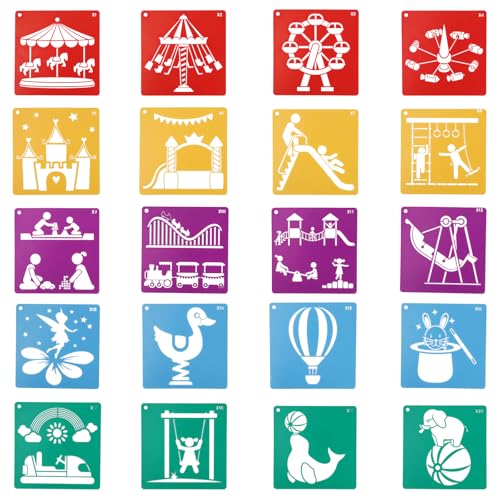 20pcs Stencils for Kids, 5.91in PET Material Colorful Chalk Drawing Stencils Large Washable Playground Theme Templates for Kids Toddlers Preschooler