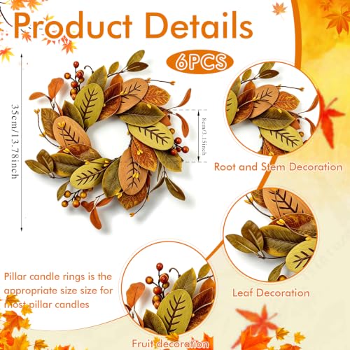 Image of 6 PCS Fall Eucalyptus Candle Ring Wreaths Autumn Wooden Leaves Candle Holder Rings with Berries Mini Thanksgiving Harvest Farmhouse Wreath for Pillar Candle Mantel Cabinet Home Table Centerpiece Decor