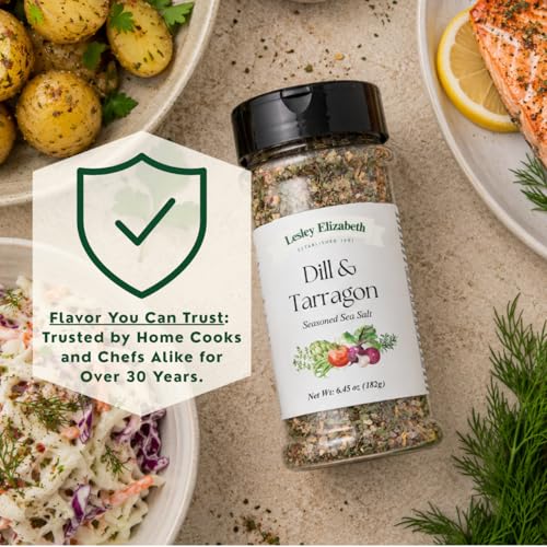 Image of Lesley Elizabeth Dill & Tarragon Seasoned Sea Salt - Gourmet Herb & All-Natural Sea Salt Blend for Fish, Poultry, Seafood & Vegetables | All-Purpose Cooking & Grill Seasoning