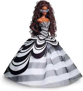Barbie Signature Doll, 65th Anniversary Collectible with Brown Braided Hair, Black and White Gown, Sapphire Gem Earrings and Sunglasses, HRM59