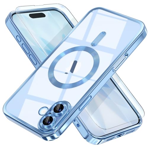 Image of Misea Magnetic for iPhone 17 Case Compatible with MagSafe Light Blue | [Never Yellowing] [Military Drop Protection] Full Camera Lens Protector Plating Soft Clear Phone Case for Women, Sky Blue