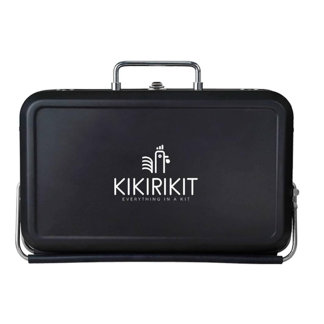 KIKIRIKIT - Barbacoa Portátil de Carbón Plegable - Kit con Accesorios Camper - Regalo Original para Padres (Negro)