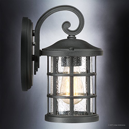 Image of Urban Ambiance Luxury Craftsman Outdoor Wall Light, Small Size: 11 inch H x 6 inch W, with English Tudor Style Elements, Wrought Iron Design, Natural Black Finish and Seeded Glass, UQL1040