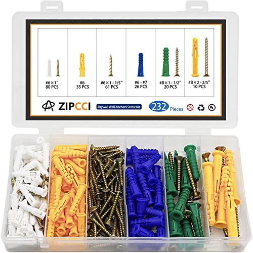 ZIPCCI 232Pcs Drywall Anchors and Screws Kit, Includes 116Pcs Hollow Wall Anchors, 116Pcs Wood Screw, Wall Anchors and Screws for Drywall