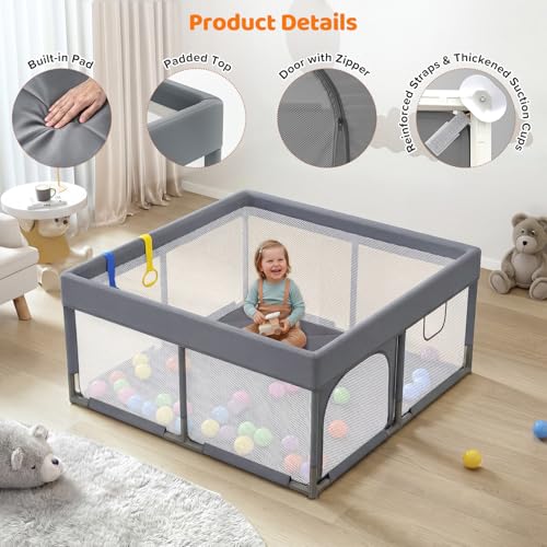 Image of Dripex Baby Playpen, 47 inchx47 inch Small Play Pen for Babies, Light Grey | With Buildmat /Colorful Balls / Pull up Rings, Breathable Visible Mesh, Easy Setup, Indoor /Outdoor Use