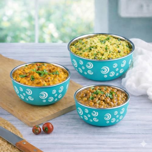 Image of Microwave Safe Stainless Steel Food Storage Container with Lid | Euro Mixing Bowl Set for Kitchen | 500ml, 800ml, 1250ml | Pack of 3(Classic Turq. Spiral)