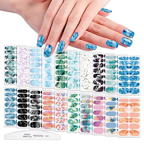 WOKOTO 20 Sheets Colorful Marble Pattern Nail Polish Strips With 1pc Nail File Nail Art Stickers Decals Full Nail Wraps For Women Girls Gradient Mix-Color Nail Polish Stickers Manicure Accessories