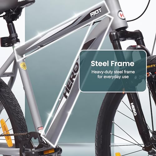 Hero RIOT 26T Single Speed Mountain Bicycle for Adults | Grey | Front Suspension | Disc Brake | Steel Frame : 16.5Inches | Rider Height : 5ft 0" - 5ft 8" | 95% Pre-Assembled(Ready to Ride in 5 Mins) - Image 6
