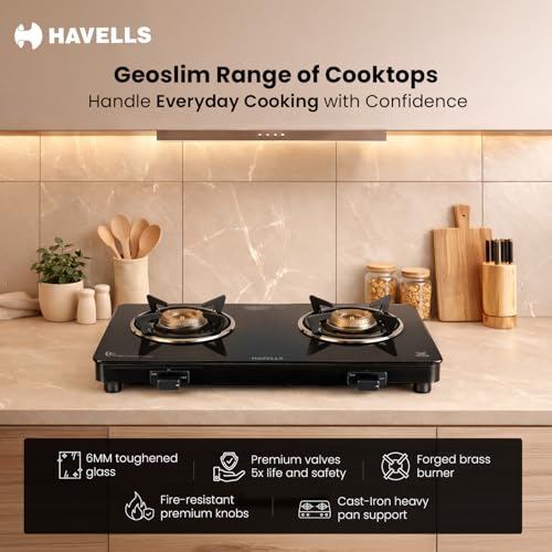 Image of Havells GEOSLIM Gas stove |2 Heavy Duty Forged Brass Burner|6 mm Toughened Glass|Premium Valves|Removable Drip Tray|Soft Touch Knobs|5 year Warranty on Burners, Glass & Valves by Havells (Black)