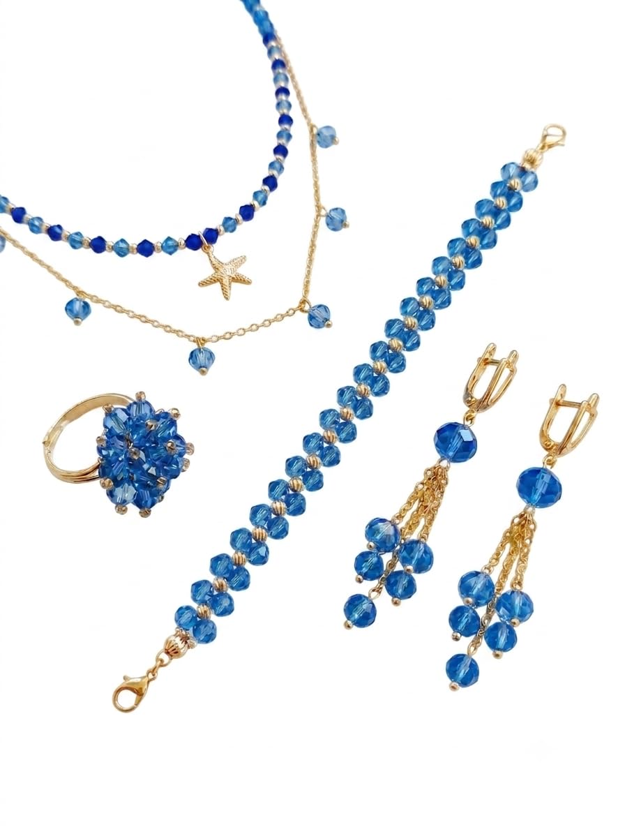 Juego de joyas de cuentas de cristal azul con detalles dorados