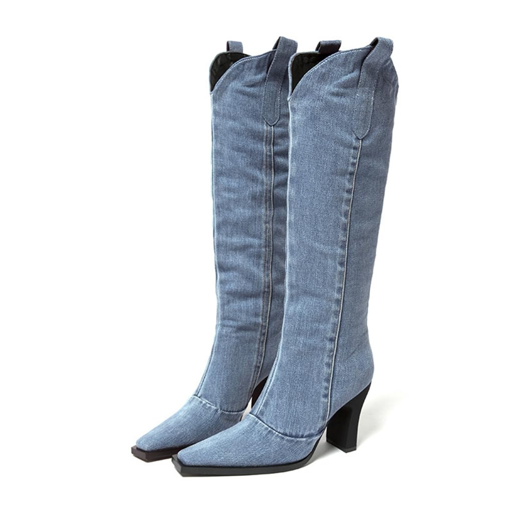 DINTAHA Denim Square Toe Cowboy Boots High Heel Knee High Cowgirl Heeled Boots