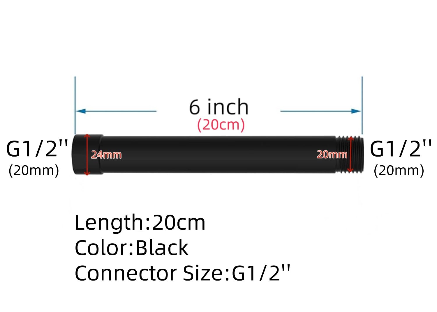 Ruda G1/2, czarna, 20 cm, przedłużająca do prysznika, słuchawka prysznicowa, ramię z stali