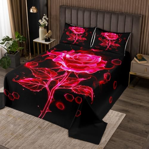 jejeloiu Rose Bedspread King Size Honeycomb Quilted Coverlet for Boys Girls Teens Black and Rose Coverlet Set Breathable Soft Lightweight Microfiber