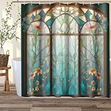 PAEOT Stained Glass Floral Shower Curtain Abstract Arched Window Boho Plant Flower Stain Glass Bathroom Curtains Decor 72x72Inch Washable Fabric Vintage Artistic Bath Curtain with 12 Hooks