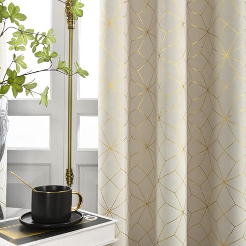 Beauoop 100% Blackout Curtains 96 Inches Long for Bedroom Living Room Moroccan Gold Patterned Drapes Thermal Insulated Grommet Top Window Treatment Panels Set of 2, Beige/Gold
