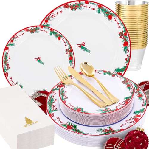 Morejoy 175PCS Christmas Plastic Plates - White Green plateS & Christmas Plates Disposable Include 25 Dinner Plate,25 Dessert Plate,25 Cups,25 Forks,25 Knives,25 Spoons,25 Napkins for New Year party Morejoy 175PCS Christmas Plastic Plates - White Green plateS & Christmas Plates Disposable Include 25 Dinner Plate,25 Dessert Plate,25 Cups,25 Forks,25 Knives,25 Spoons,25 Napkins for New Year party