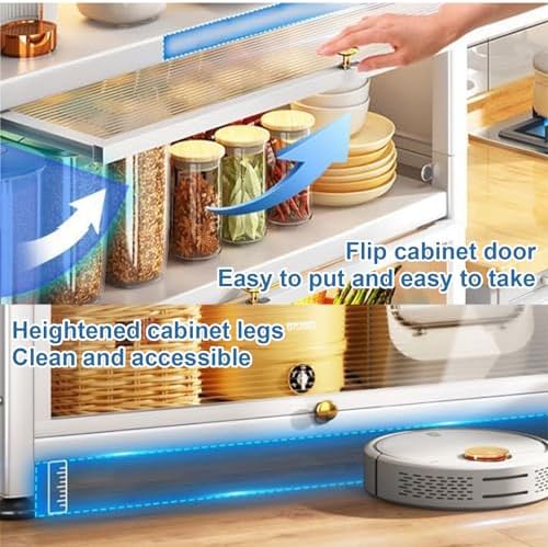 3-Tier Kitchen Baker's Rack with Flip Door Cabinets, Microwave Shelf, Pantry Organizer for Spices & Cookware - Stylish, Durable & Space-Saving Kitchen Storage Solution