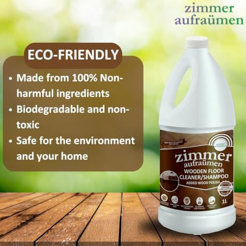 Image of Zimmer Aufraumen Wooden Floor Cleaner 1 L+ Wood Floor Polish Spray 450ml COMBO. Formulated for Wooden Floors and Laminated Surfaces. Cleaning + Shining wooden floors. Kids & Pets Safe.