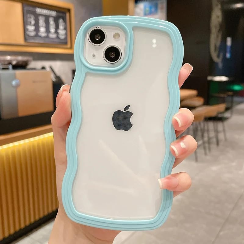 NIBON ZR021 for iPhone 15 Back Case Cover | Wavy Border Transparent | Slim Fit | Camera Protection | Shockproof TPU Case - Blue