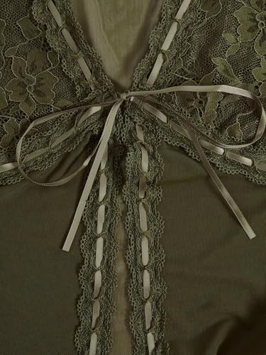 Image of Verdusa Women's Sheer Shrug Crop Top Long Sleeve Tie Front Lettuce Trim Mesh Open Cardigan Top Mesh Army Green X-Large