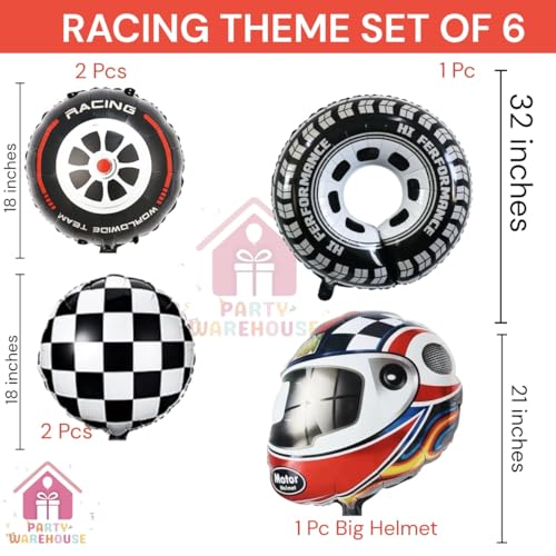 Image of Party Warehouse Helmet + Tyres Balloon Set - Includes Racing Helmet, Big Tyre 32 Inch, 2 Tyres & 2 Chequered Foil Balloons | Elegant Racing Theme | Must-Have Essential for Party Decor