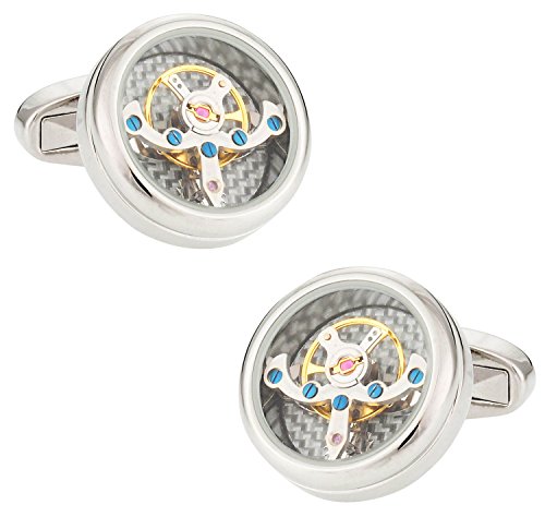 Cuff-Daddy Silver Tourbillon Carbon Fiber Watch Cufflinks Working Steampunk with Jewelry Presentation Box Gift Idea for Him Sleeve Clock Cuff Links Special Occasions Cufflinks Travel Box