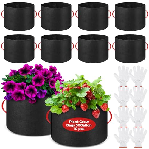 10 Pack 50 Gallon Plant Grow Bags Bulk Breathable Nonwoven Vegetable Cloth Fabric Pots with Handle Thickened Nursery Grow Pots Container with Gloves for Garden Trees Flowers Vegetable Planting