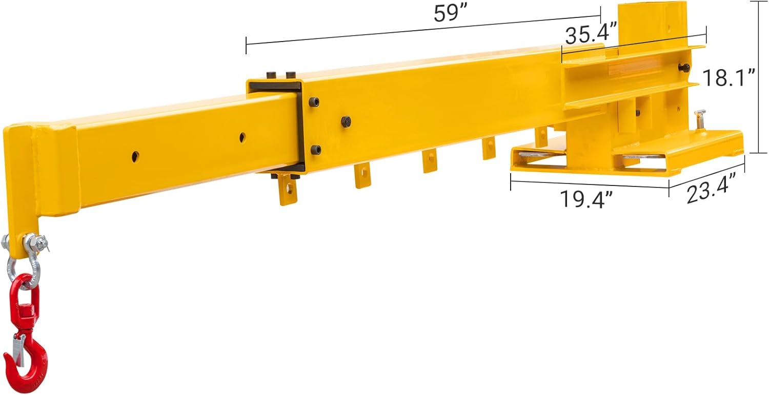 A yellow forklift mobile crane with key dimensions labeled, including overall length of 59 inches, width of 23.4 inches, and height of 18.1 inches.