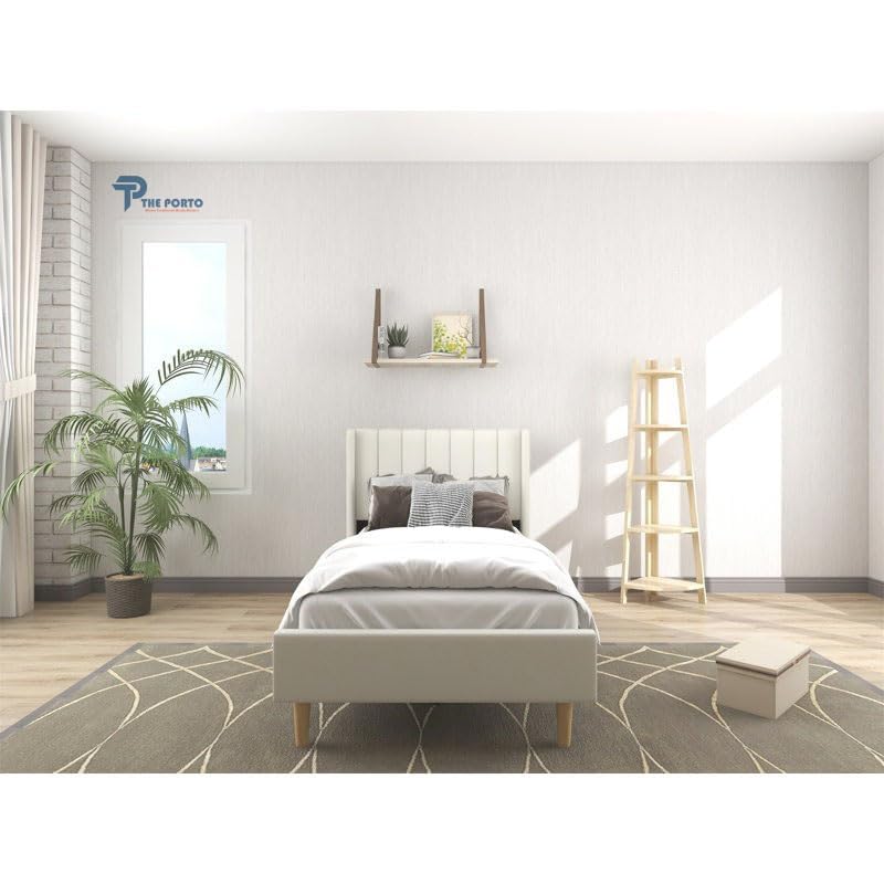 Image of Solid Wood Upholstered Single Bed for Bedroom Without Storage | Premium Fabric with Wingback Headboard | Wooden Single Bed Palang for Home | Stylish Single Cot Bed | 6 x 4 Ft, Cream