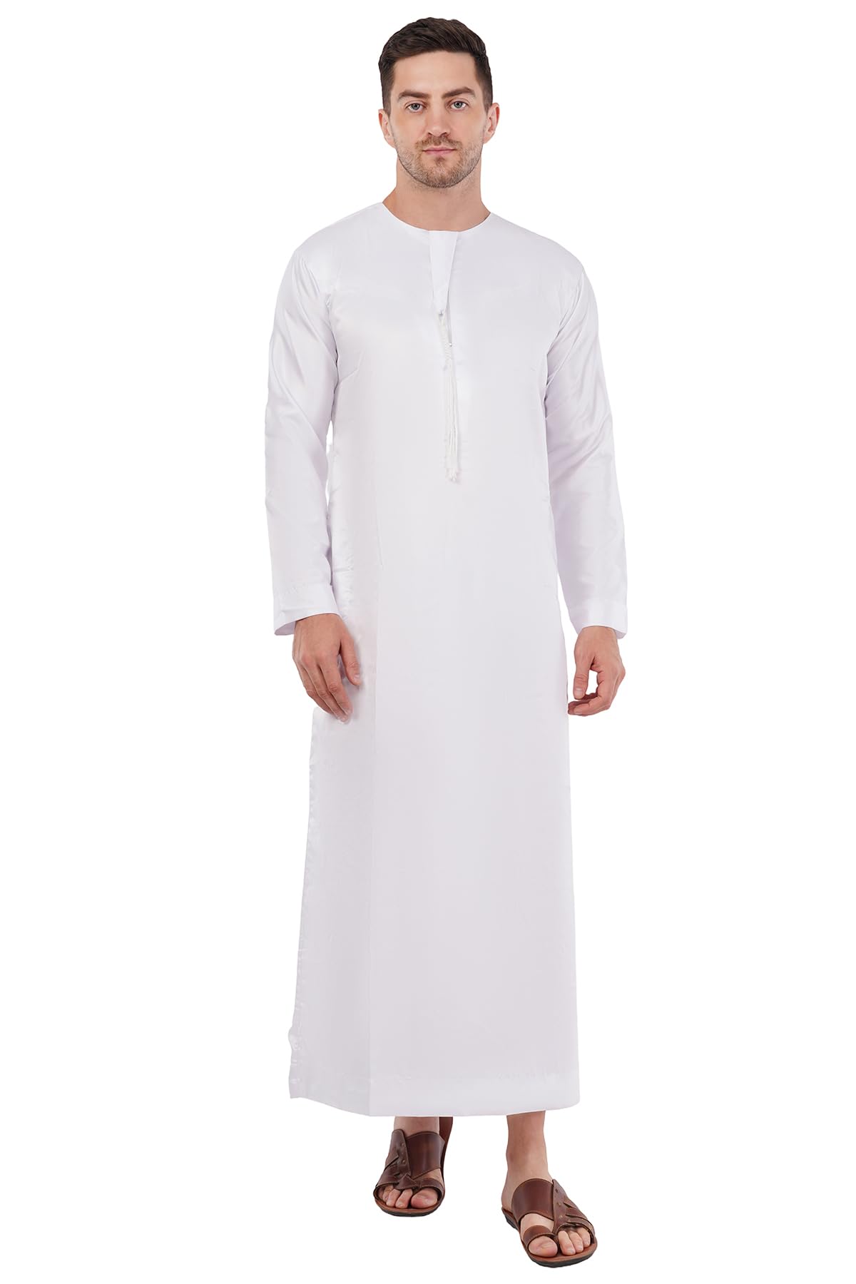Men’s Omani Emirati Jubba Thobe | Classic Arabic Kandura with Tassel Design | Long Sleeve Muslim Dress for Eid, Ramadan
