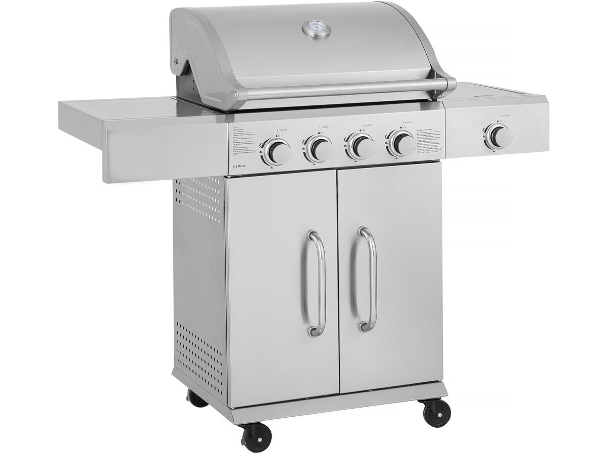 Barbacoa de gas de acero inoxidable con 5 quemadores incluyendo 1 quemador lateral Brazzo - 118 x 57 x 104 cm - Gris claro